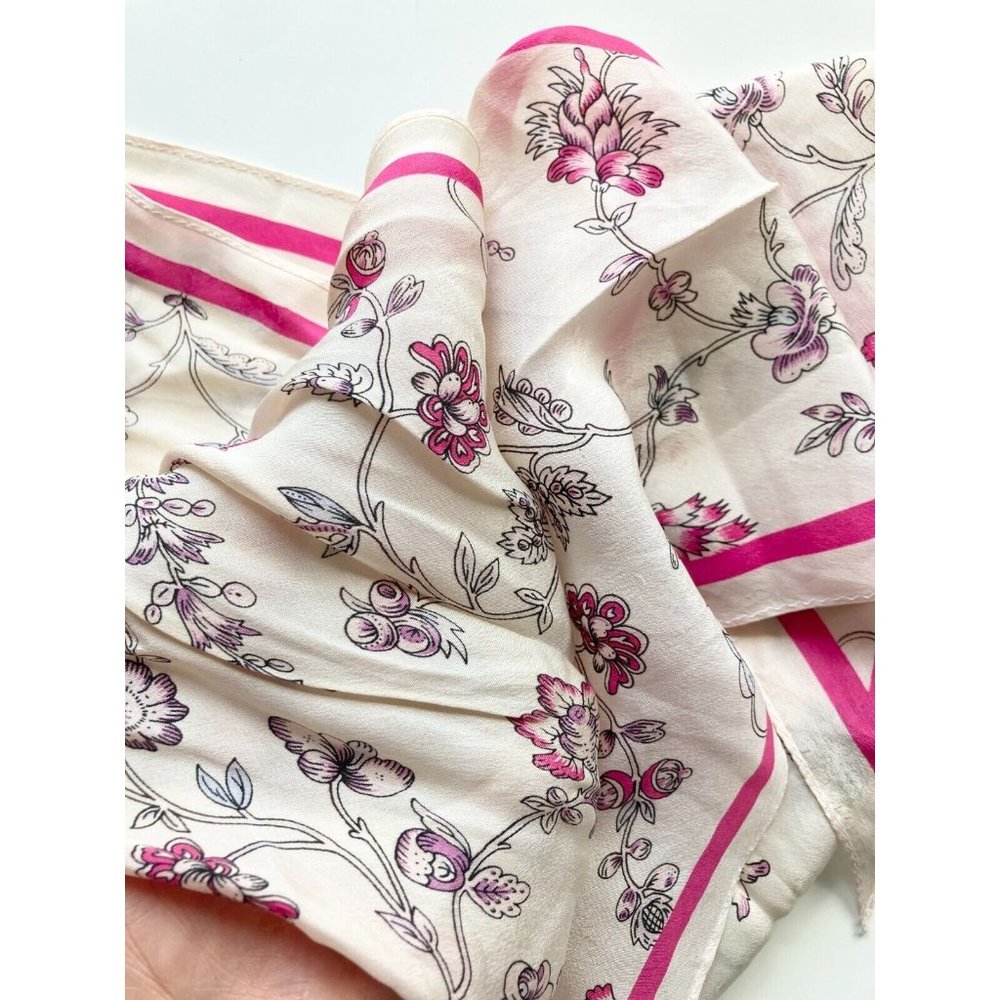 Vintage ANNE KLEIN Pink Ivory Floral Silk Crepe 68" x 8" Long Skinny Scarf - Picture 10 of 11